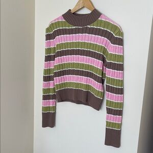 Eesome Striped Pink and Green Crew Neck Sweater